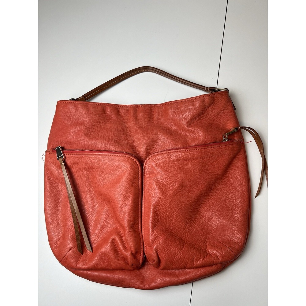Christopher Kon Leather Slouch Purse Salmon Orange Strap Outside Zip Pockets